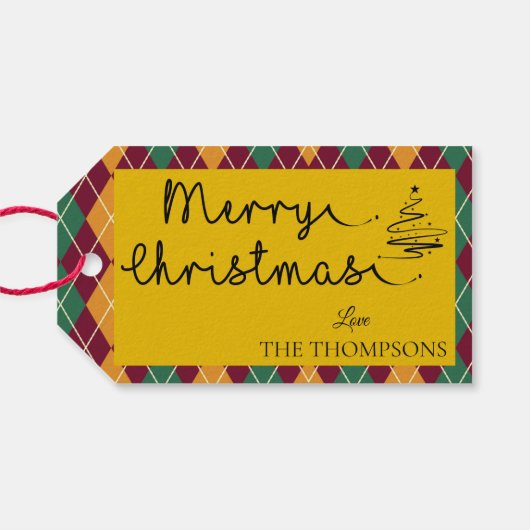 Argyle Yellow Oranje Green Script Merry Kerstmis Cadeaulabel (Achterkant Horizontaal)