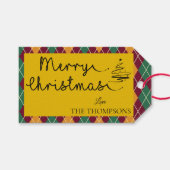Argyle Yellow Oranje Green Script Merry Kerstmis Cadeaulabel (Voorkant (Horizontaal))