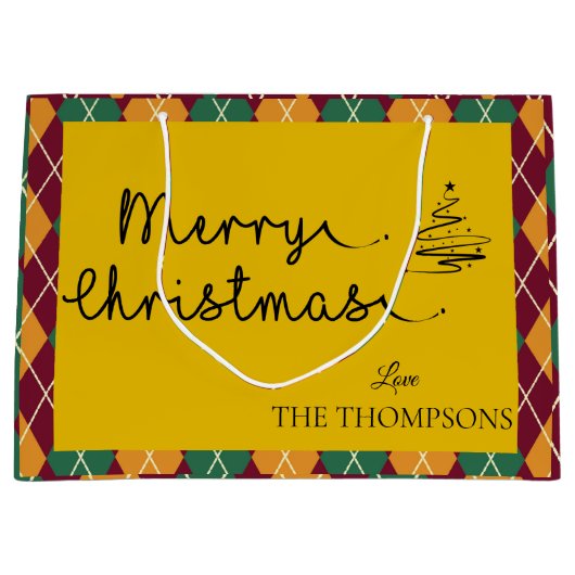 Argyle Yellow Oranje Green Script Merry Kerstmis Groot Cadeauzakje (Voorkant)