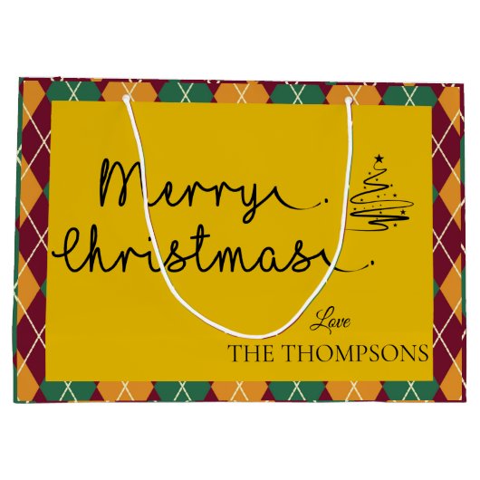Argyle Yellow Oranje Green Script Merry Kerstmis Groot Cadeauzakje (Achterkant)