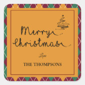 Argyle Yellow Oranje Green Script Merry Kerstmis Vierkante Sticker (Voorkant)