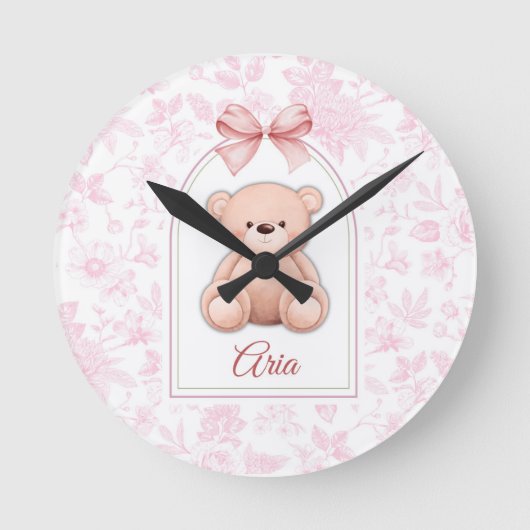 Aria | Aangepaste Roze Teddybeer Nursery Design Ronde Klok (Voorkant)
