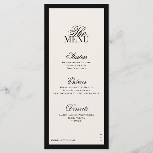 Aria | Black and Beige Minimal Classic Wedding  Menu (Voorkant)