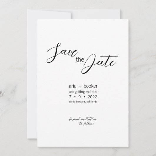 Aria · Elegant Modern Script Zwart-wit Save The Date (Voorkant)