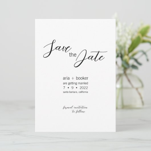 Aria · Elegant Modern Script Zwart-wit Save The Date (Staand voorkant)