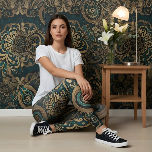 Aria Grace Blauwgroen Chrysanthemum Paisley Herita Leggings