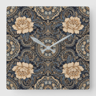 Aria Grace Midnight Blue Pioenrozen Paisley Wandkl Vierkante Klok