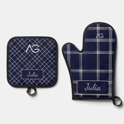 Aria Grace Midnight Elegance Luxe Plaid Pattern  Ovenwant & Pannenlap Set (Voorkant)