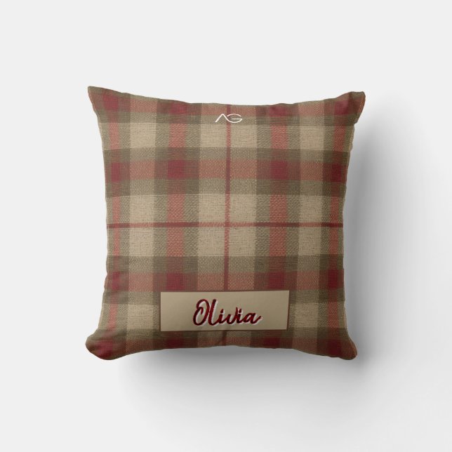 Aria Grace Olive & Wheat Rustic Plaid Patroon Naam Kussen (Voorkant)