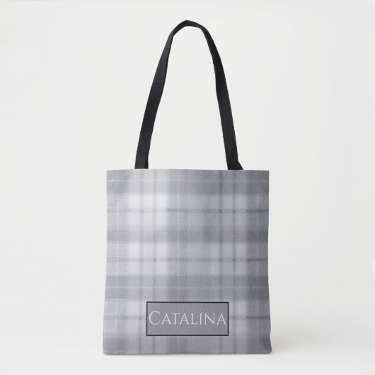 Aria Grace Silver Frost Winter Plaid Patroon Naam Tote Bag (Voorkant)