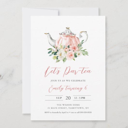 ARIA Tea Party Birthday Invitation - Pink Kaart (Voorkant)