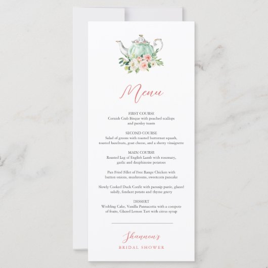 ARIA Tea Party Diner Menu Kaart (Voorkant)