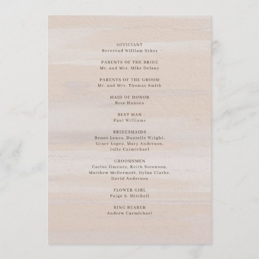 Ariel Beige Abstracte Waterverf Moderne bruiloft Programmakaart (Achterkant)