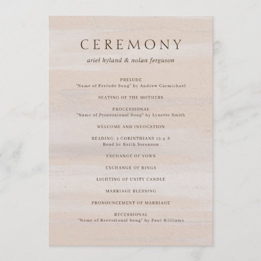 Ariel Beige Abstracte Waterverf Moderne bruiloft Programmakaart (Voorkant)