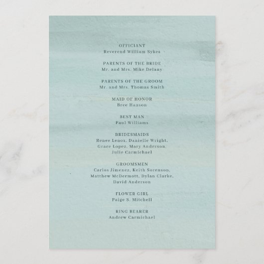 Ariel Groen Abstracte Waterverf Modern Bruiloft Programmakaart (Achterkant)