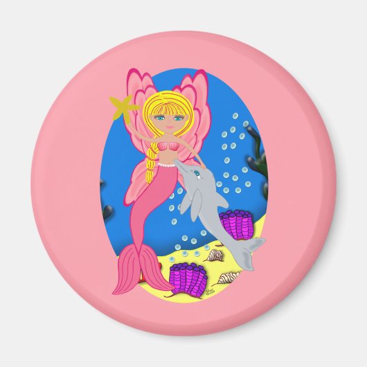 Ariel the Pink Merfaery and Dolphin Round Magnet (Voorkant)
