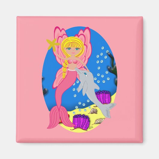 Ariel the Pink Merfaery and Dolphin Square Magnet (Voorkant)