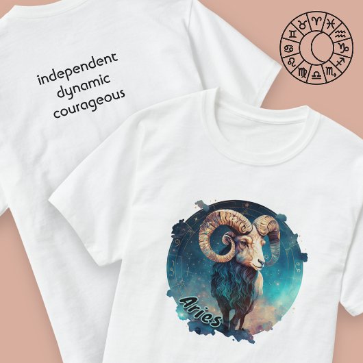 Aries Blauwgroen en Tan Waterverf Zodiac T-Shirt