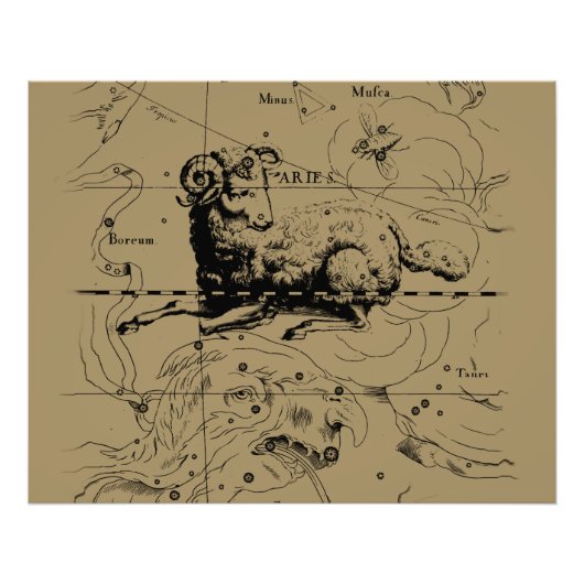 Aries Constellation Map Hevelius circa 1690 Foto Afdruk (Voorkant)