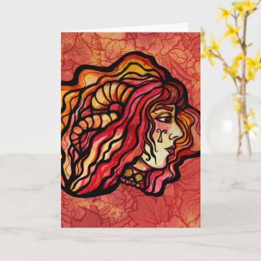 Aries de Ram Red Fire Didiac verjaardaggodin Kaart (Gele Bloem)