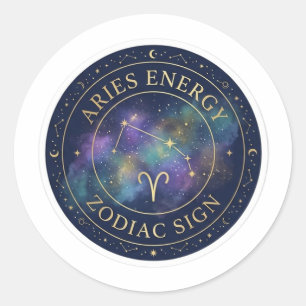 Aries Dierenriem Energie Hemels Goud en Marine Sti Ronde Sticker