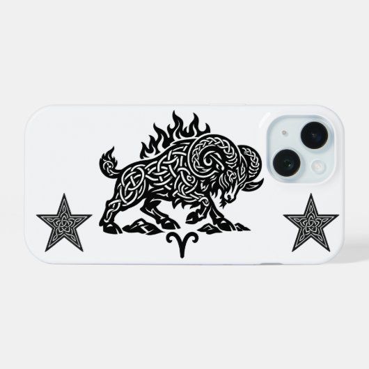 Aries Fire‑Ram – Keltische gehaaste inktzodiak iPhone 15 Case (Achterkant horizontaal)