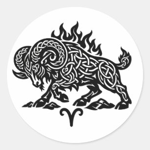Aries Fire‑Ram – Keltische gehaaste inktzodiak Ronde Sticker