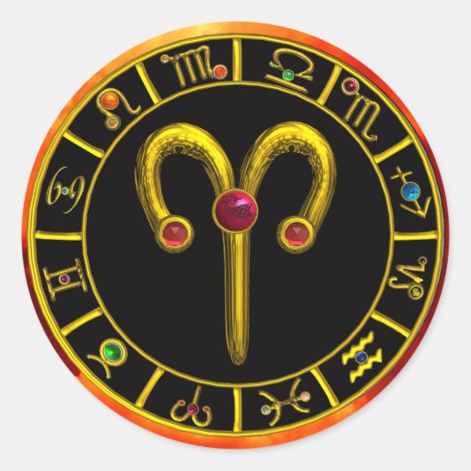 ARIES GOLD ZODIAC BIRTHDAY JEWEL ASTROLOGY CHART RONDE STICKER (Voorkant)