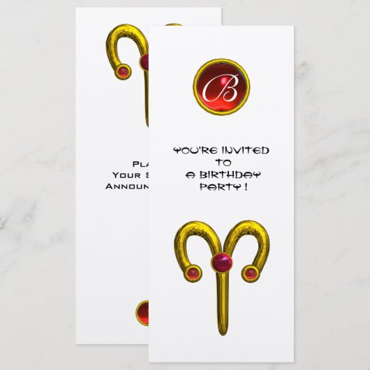 ARIES GOLD ZODIAC BIRTHDAY RED RUBY MONOGRAM White Kaart (Voorkant / Achterkant)