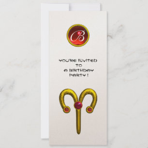 ARIES GOLD ZODIAC BIRTHDAY RED RUBY MONOGRAM White Kaart