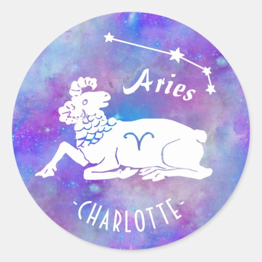 Aries Ram Constellation Stars Eigen naam Birthday Ronde Sticker (Voorkant)