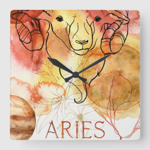 Aries ram zodiac astrology birthday gold red vierkante klok