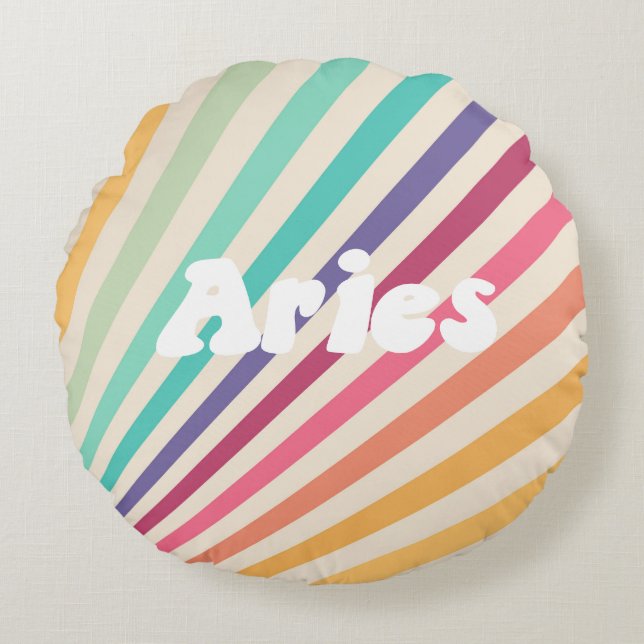 Aries Retro Rainbow Zodiac Astrology Rond Kussen (Voorkant)