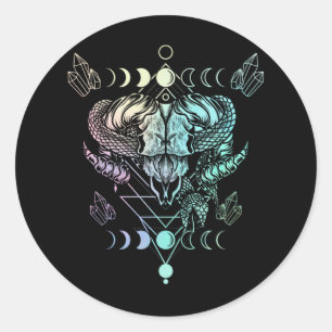 Aries Skull Snake Wicca Occult Crescent Moon Gothi Ronde Sticker