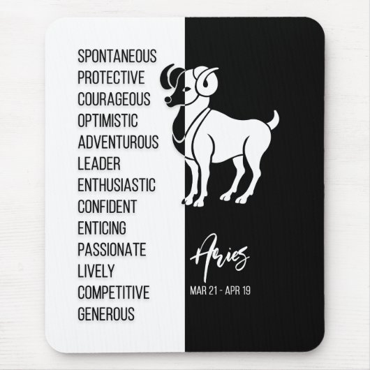 Aries Sterrenbeeld Muismat, Zwart & Wit Muismat (Voorkant)