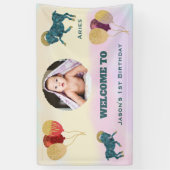 Aries Watercolor 1st Birthday Photo & Balloons  Spandoek (Verticaal)