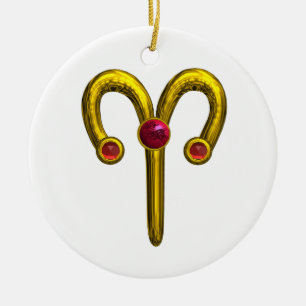 ARIES ZODIAC BIRTHDAY JEWEL Red Ruby Gold Keramisch Ornament
