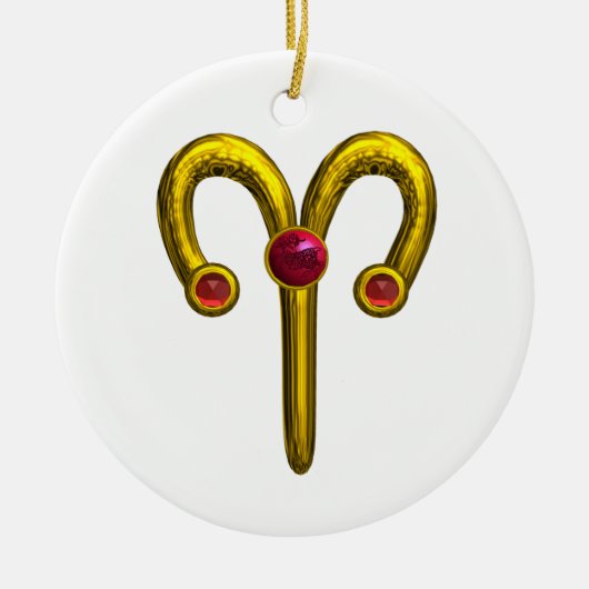 ARIES ZODIAC BIRTHDAY JEWEL Red Ruby Gold Keramisch Ornament (Voorkant)