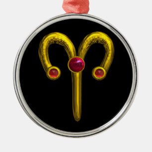 ARIES ZODIAC BIRTHDAY JEWEL Red Ruby Gold Metalen Ornament