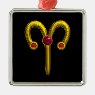 ARIES ZODIAC BIRTHDAY JEWEL Red Ruby Gold Metalen Ornament
