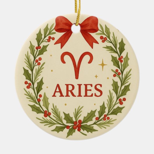 Aries Zodiac Christmas Ornament – Festive Holly Wr (Voorkant)