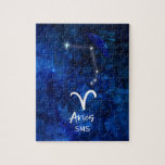 Aries Zodiac Constellation Blue Galaxy Monogram Legpuzzel<br><div class="desc">Aries Zodiac Constellation Blue Galaxy Monogram Design. Met trendy Brushed Script-lettertype, donkerblauwe achtergrond van de hemelse waterverf, gloeiende sterrenconstellatie en het Ram-symbool. Modern Astrologisch Geboortehoroscoop, is perfect voor elke Aquarius Verjaardag Van 21 maart - 19 april ! Met optionele monogram First Middle en Achternaam Initiaal Letters (Of laat het leeg)....</div>