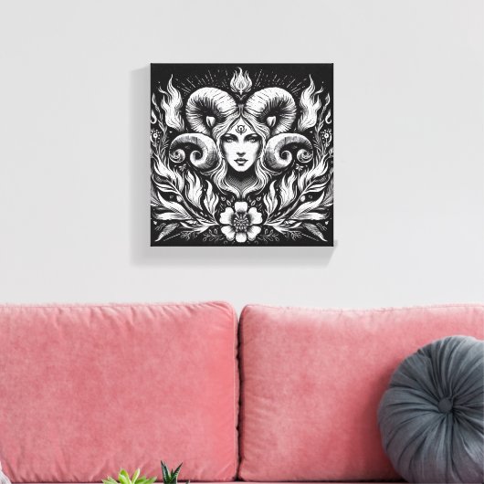 Aries Zodiac Goddess with Ram Horns – Mystical Canvas Afdruk (Insitu (Woonkamer))
