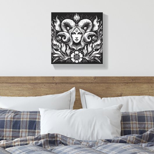 Aries Zodiac Goddess with Ram Horns – Mystical Canvas Afdruk (Insitu (Slaapkamer))