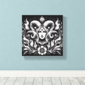 Aries Zodiac Goddess with Ram Horns – Mystical Canvas Afdruk (Insitu (Houten vloer))