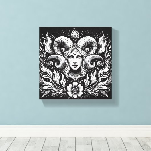 Aries Zodiac Goddess with Ram Horns – Mystical Canvas Afdruk (Insitu (Houten vloer))