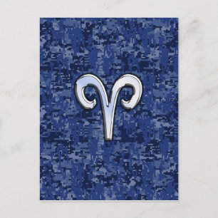 Aries Zodiac Sign on Navy Blue Digital Camo Briefkaart