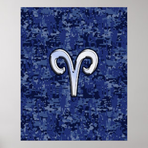 Aries Zodiac Sign on Navy Blue Digital Camo Poster