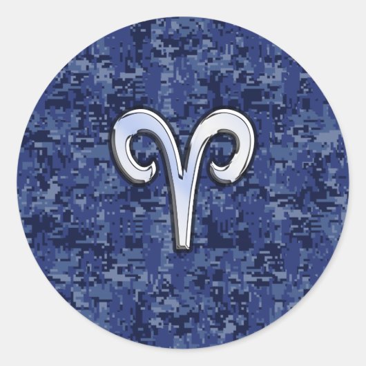 Aries Zodiac Sign on Navy Blue Digital Camo Ronde Sticker (Voorkant)