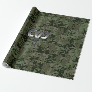 Aries Zodiac Sign on Woodland Green Digital Camo Cadeaupapier